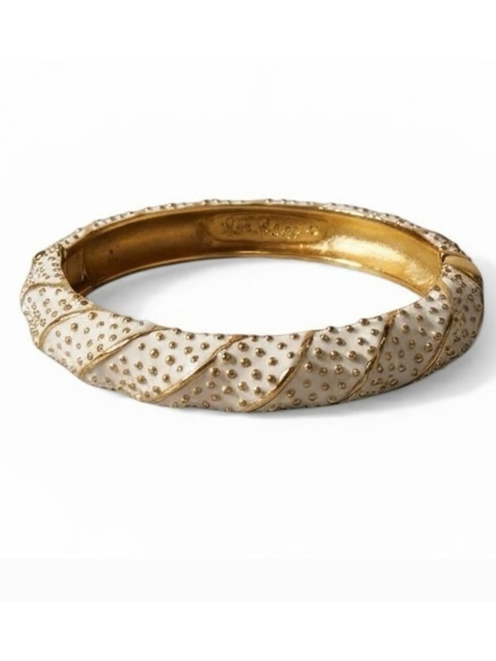 Lilly Pulitzer White Enamel Gold Hinged Bangle Bracelet Preppy Resort Cuff